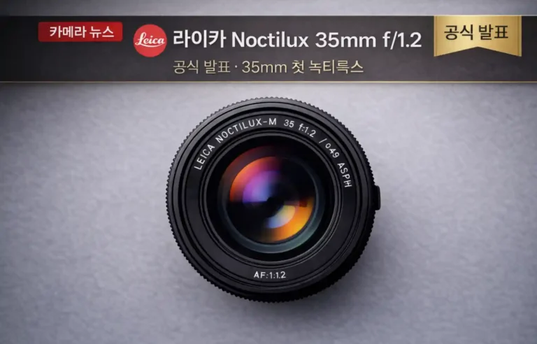 Leica Noctilux-M 35mm f/1.2 ASPH 렌즈 공식 발표 대표 이미지, 중앙에 렌즈가 배치된 제품 사진