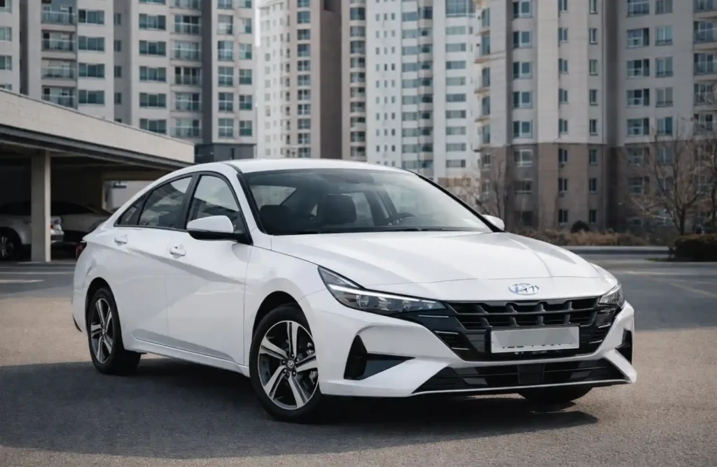 2024 현대 아반떼 화이트 컬러 정면, 아파트 단지 배경, 사회초년생 첫차 추천, 현대적 디자인의 국산 세단