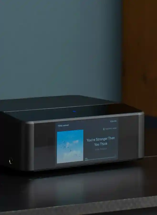 Bluesound Node Icon 전면 디스플레이에 Tidal Connect로 GoGo Penguin 음악이 재생되는 모습