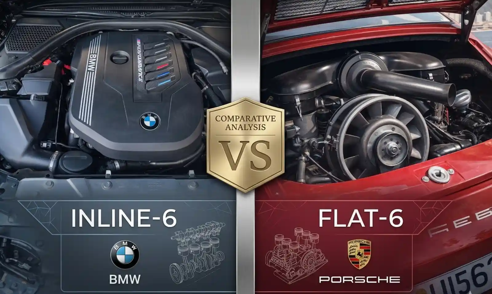 BMW B58 직렬6기통 엔진 룸과 포르쉐 공랭 플랫식스 엔진 룸 비교 – 실린더 배열 방식의 차이