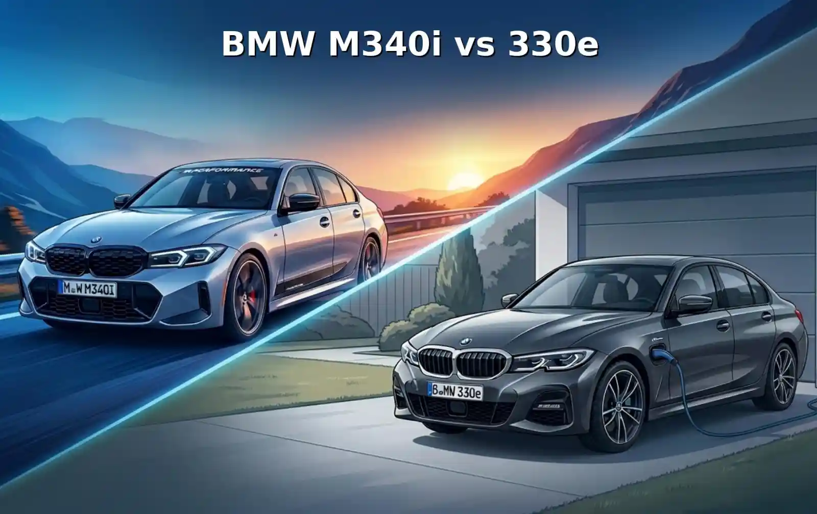 BMW M340i와 330e 비교 이미지. 왼쪽은 산악 도로를 달리는 M340i, 오른쪽은 가정집 차고에서 충전 중인 330e.