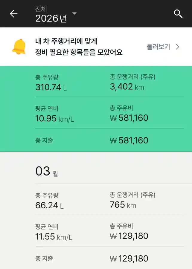 BMW M340i 2026년 연비 기록 앱 스크린샷. 평균 연비 10.95km/L, 총 주행거리 3,402km.