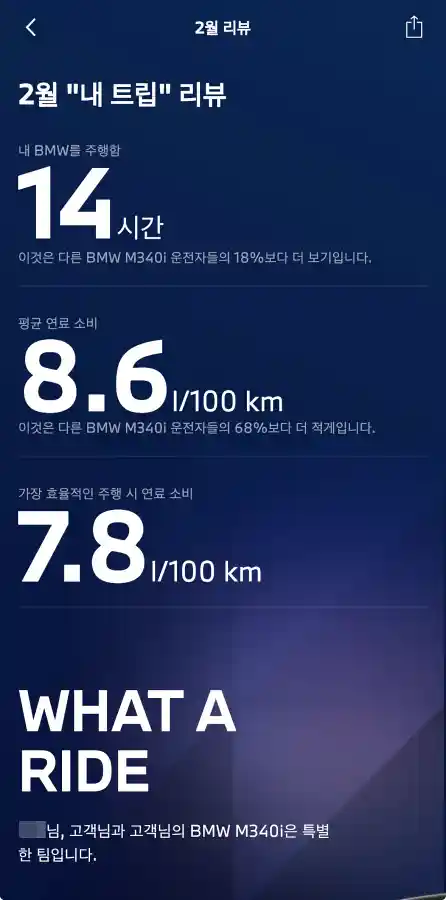 BMW Connected Drive 앱 2026.2월 트립 리뷰 — 평균 연료 소비 8.6 l/100km, 다른 M340i 오너 68%보다 적음