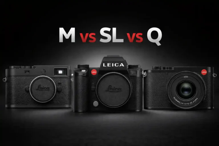 라이카 M, SL, Q 시스템 비교 - 왼쪽부터 M11 레인지파인더, SL3 미러리스, Q3 컴팩트 카메라가 나란히 배치된 제품 사진