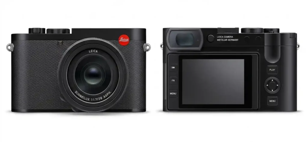 라이카 Q 시스템 컴팩트 카메라 - 28mm f/1.7 주미룩스 렌즈가 일체형으로 장착된 정면과 LCD 화면이 있는 후면 모습입니다