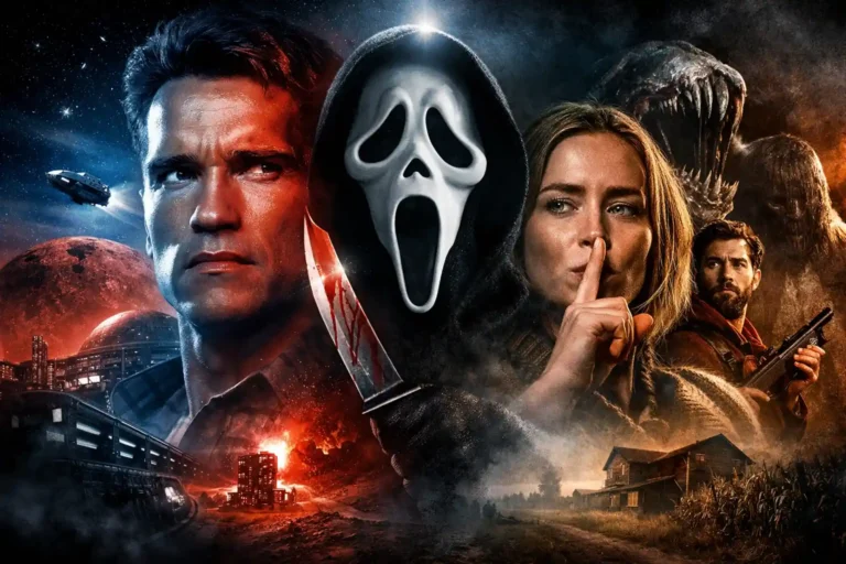 2026년 4월 넷플릭스 종료 예정작 – 토탈리콜의 아놀드 슈워제네거, 스크림의 고스트페이스, 콰이어트 플레이스의 에밀리 블런트가 한 화면에 담긴 합성 포스터