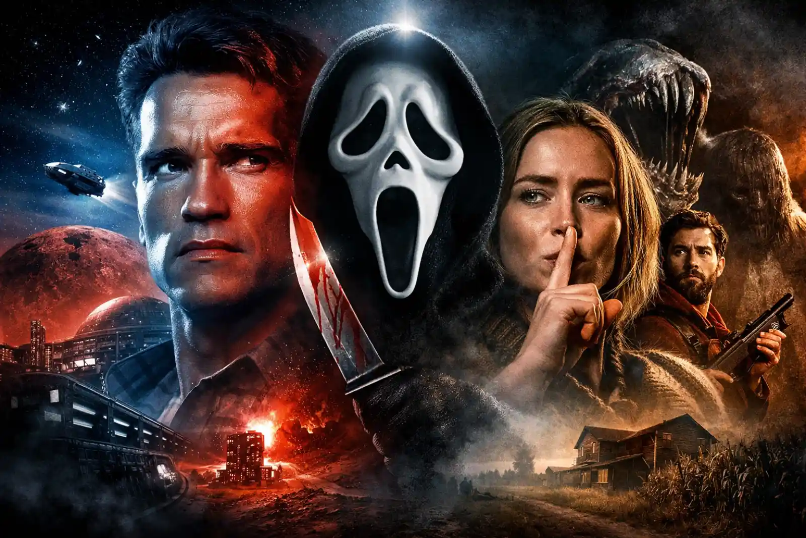 2026년 4월 넷플릭스 종료 예정작 – 토탈리콜의 아놀드 슈워제네거, 스크림의 고스트페이스, 콰이어트 플레이스의 에밀리 블런트가 한 화면에 담긴 합성 포스터