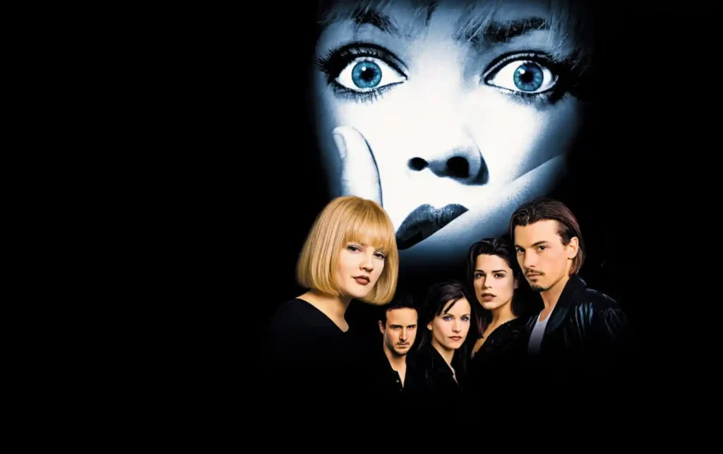 스크림(1996) 공식 포스터, 전면에 드류 배리모어와 주요 등장인물들이 배치되어 있고 배경에 공포에 질린 얼굴이 클로즈업된 모습