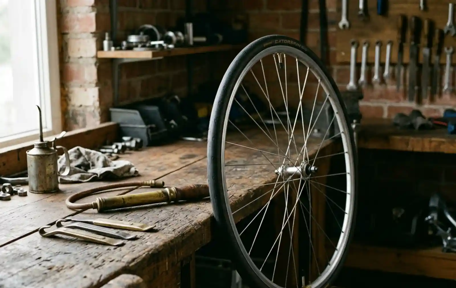 로드바이크 휠이 빈티지 정비 작업대에 기대어 있는 사진, Continental Gatorskin 슬릭 타이어 클로즈업