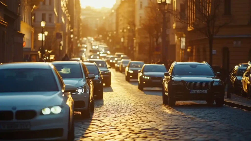 유럽 도심 자갈길을 달리는 차량들, EU 친환경 규제 완화 이후 자동차 시장 변화