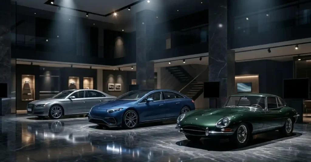 럭셔리 전시장에 나란히 전시된 세 대의 차량, 하이브리드 전기차 내연기관 파워트레인 비교