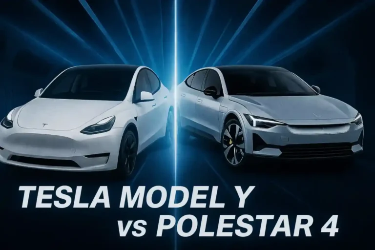 테슬라 모델 Y와 폴스타 4 정면 비교 — 흰색 차량 두 대가 중앙 빛 기둥을 사이에 두고 마주한 전기 SUV 비교 이미지