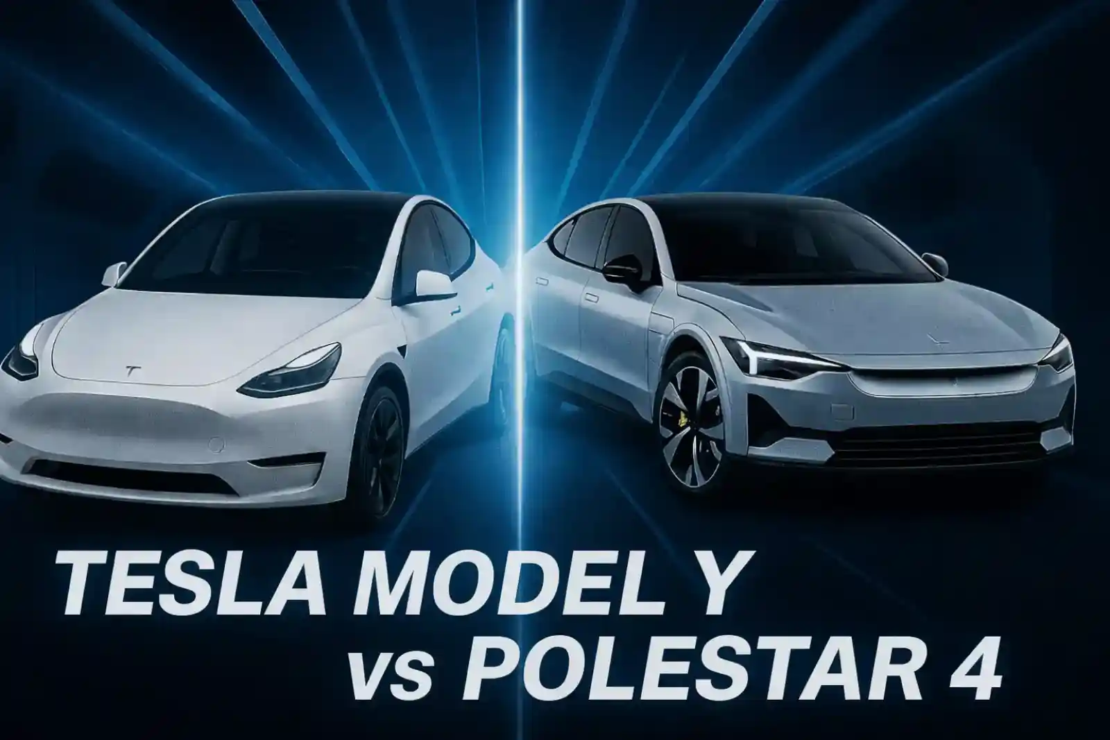 테슬라 모델 Y와 폴스타 4 정면 비교 — 흰색 차량 두 대가 중앙 빛 기둥을 사이에 두고 마주한 전기 SUV 비교 이미지