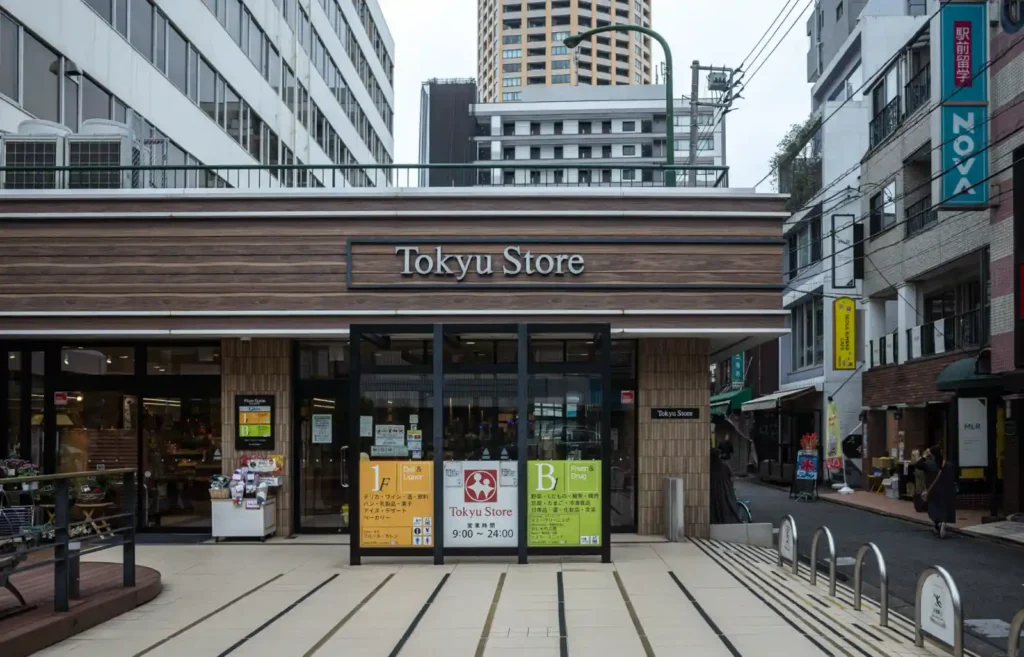 나카메구로역 앞 도큐 스토어 외관, 목재 패널 파사드에 영업시간 오전 9시~자정 안내판이 붙어 있는 모습