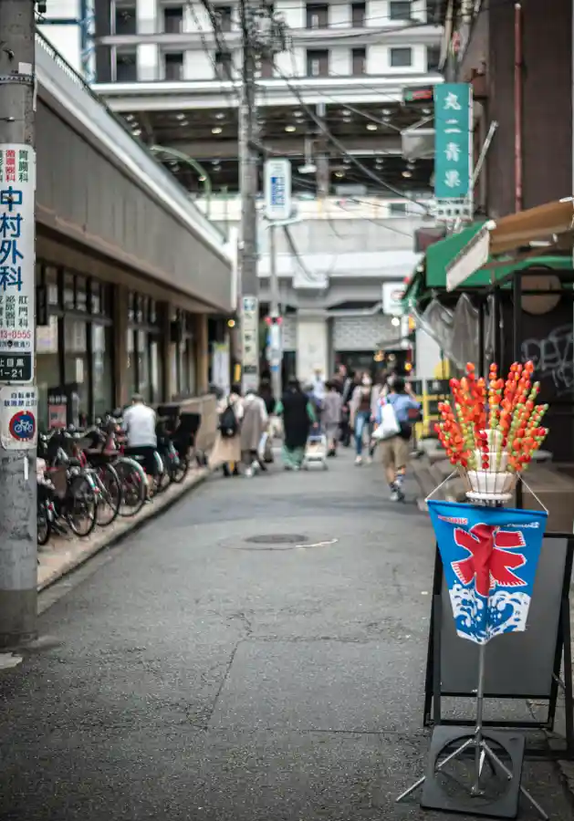 나카메구로역 앞 상점가 골목, 오른쪽에 빙수 깃발과 딸기 꼬치 진열대가 놓여 있고 안쪽으로 자전거와 행인들이 보이는 일상적인 풍경