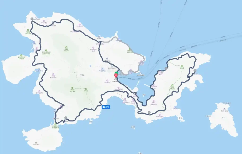 욕지도 해안일주도로 전체 코스 지도, 선착장을 기점으로 섬 외곽을 한 바퀴 순환하는 약 24km 루트