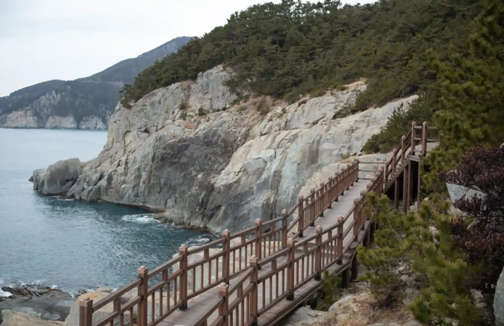 욕지도 비렁길 해안 데크 산책로, 절벽과 소나무 사이로 이어지는 나무 데크 길 너머로 한려수도 바다가 보이는 겨울 풍경