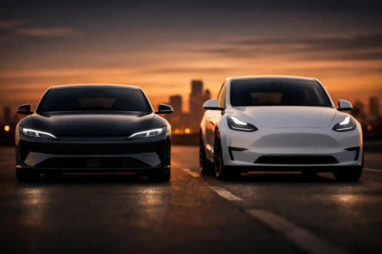 석양을 배경으로 검정 전기 세단과 흰색 전기 SUV가 나란히 정면을 향해 서 있는 모습 — 글로벌 전기차 시장의 중국 vs 미국 브랜드 대결 구도를 상징하는 이미지
