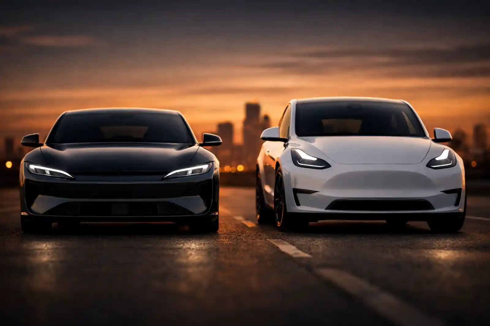 석양을 배경으로 검정 전기 세단과 흰색 전기 SUV가 나란히 정면을 향해 서 있는 모습 — 글로벌 전기차 시장의 중국 vs 미국 브랜드 대결 구도를 상징하는 이미지