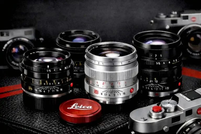 라이카 M 바디와 서드파티 M 마운트 렌즈 여러 개를 함께 배치한 플랫레이