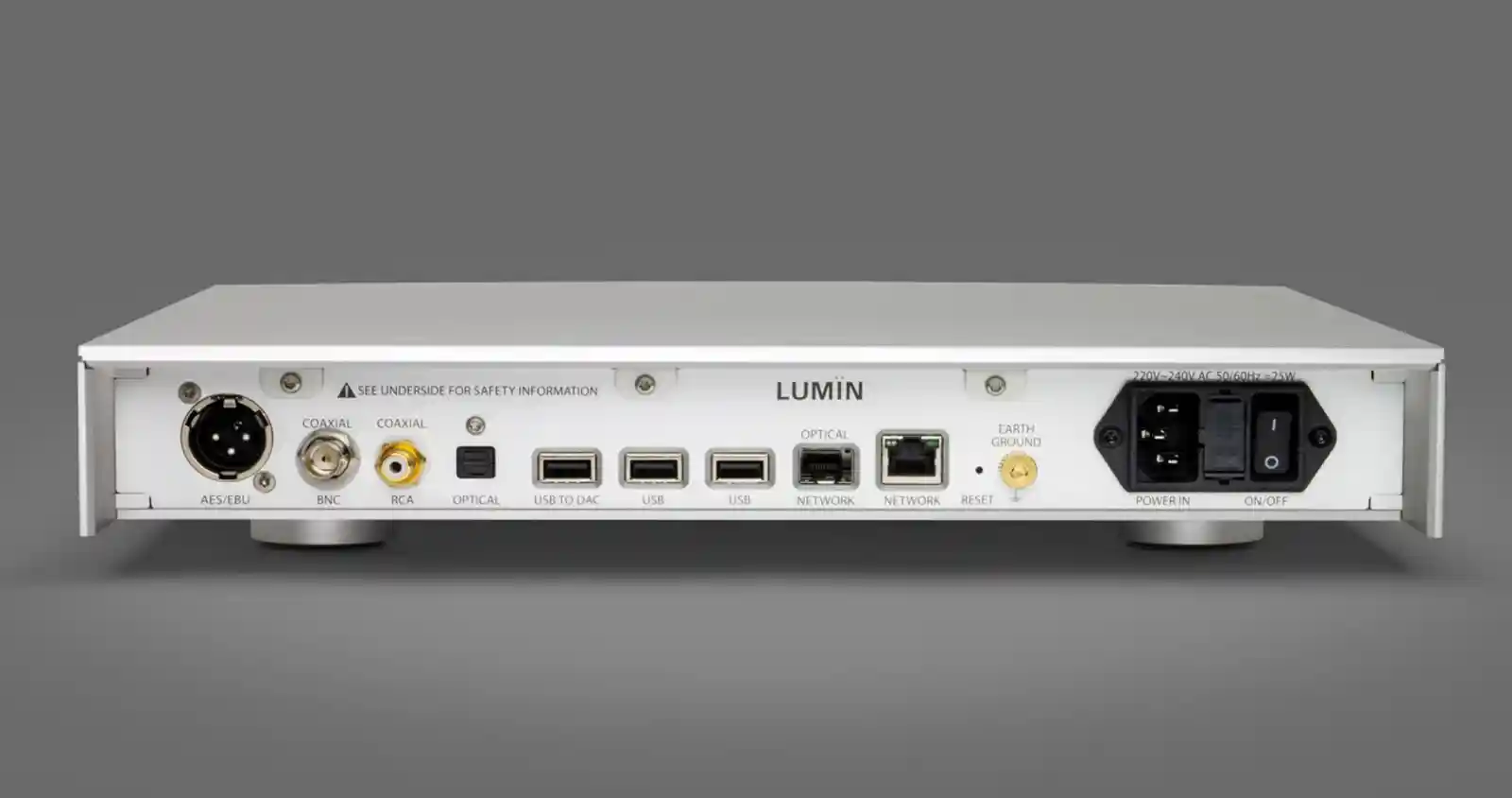 루민 U2 후면 단자 구성 — 왼쪽부터 AES/EBU, BNC, RCA Coax 순으로 디지털 출력 단자가 배치되어 있다