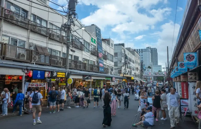 도쿄 츠키지 장외시장 메인 거리. 양쪽으로 식당과 가게 간판이 늘어서 있고 수많은 관광객들이 거리를 오가고 있다