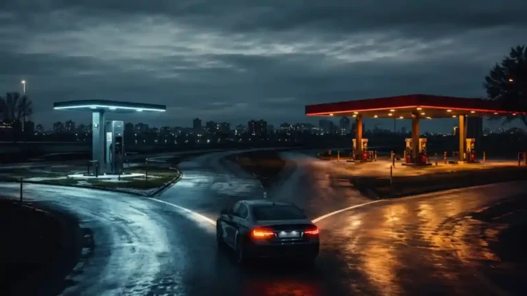 BMW M340i 오너의 전기차 탐구 시리즈 — EV 충전소와 주유소 사이 분기점에 선 검은 세단, 내연기관과 전기차 선택의 기로를 상징하는 야경