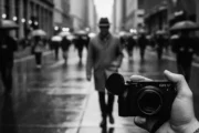 손에 들린 리코 GR IV 카메라와 비 오는 도시 거리 풍경을 담은 흑백 사진