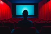 텅 빈 영화관에 홀로 앉아 꺼져가는 스크린을 바라보는 실루엣